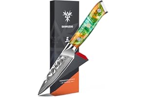 SANMUZUO Couteaux à découper - Couteau d'Office de Fruits et légumes, lame en acier Damas forgé de 9cm & manche en résine - Série Yao