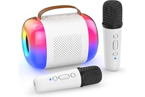 EVARY Micro Karaoke Enfant avec 2 Microphones, Mini Karaoke Machine Portable sans Fil, Convient aux Enfants et Aux Adultes, avec des Lumières LED et des Effets de Changement de Voix