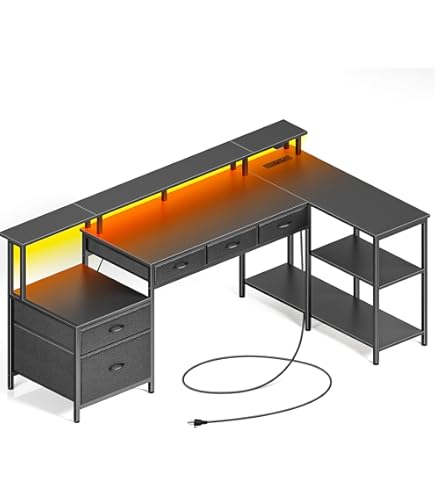 COSTWAY Bureau d'Angle L avec Étagères de Rangement - avec Multiprise et Station de Charge - Support pour Moniteur Blanc - Maison