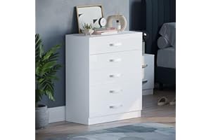 Amazon Brand - Movian Hulio High Gloss 5 Drawer Chest Of Drawers, White, 90 x 75 x 36 cm