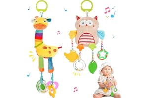 WIKAY Baby Pram Pushchair Toys Wiaky Multifunctional Animal Rattle Baby Sensory Toy for Babies Clip On Car Seat Baby Activity Hanging Plush Soft Toys with Teething Game for Newborn Toddlers (Giraffe & Owl)