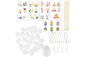 ASOENTIWOX Ostereier Bemalen zum Aufhängen, 25 Plastik Eier 6cm + 25 Ostereier Aufhänger + 25 Bambusspieße Spieße + 29 Kaninchen Aufkleber, Ostern Deko Set
