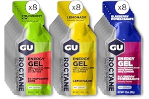GU ENERGY GEL - Pack 24 Gels Strawberry/Kiwi - Blueberry/Pomegranate - Lemonade - Gel énergétique Longue Distance - Enrichi en Sodium & BCAA - Idéal pendant les efforts long et intenses 100Kcal