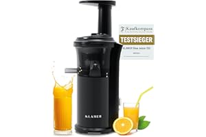 ‎KLAMER KLAMER Slow Juicer Gemüse und Obst, Entsafter mit Rückwärtsgang, elektrische Fruchtpresse mit Bürste und 2 Behältern, schlankes Design, schwarz