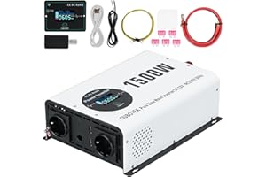 OUBOTEK Falownik 1500 W / 3000 W, czysty sinus DC 12 V na AC 230 V, z bezprzewodowym pilotem zdalnego sterowania, wyświetlaczem LCD, 2 gniazda AC 2 gniazda USB A i 1 typ C, przetwornica napięcia do