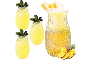 WANDGU Juego de 4 Vasos Transparentes de Piña: 400 ml, con Relieve, Reutilizables para Cócteles y Jugo, Largos, Perfectos para el Hogar en Verano