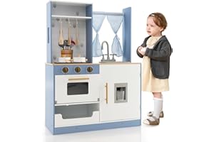 RELAX4LIFE Cucina Giocattolo per Bambini, Mini Cucina in Legno con Fornelli, Forno, Lavandino e Distributore d'Acqua, per Bambini 3+ Anni
