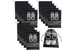 PUEDNO 15 PCS Travel Shoe Bag, Portable Drawstring Shoes Storage Bags, Large Non-Woven Drawstring Shoes Storage Bags with Transparent Slot for Men Women Daily and Travel Use (Black)