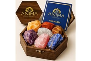 ‎ANIMA Anima Premium 7 Chakra Heilsteine Set für Energieausgleich – Große Rohsteine Amethyst, Rosenquarz, Citrin, Lapislazuli, Bergkristall, Tigerauge & Roter Jaspis – Holz-Geschenkbox & Heft enthalten