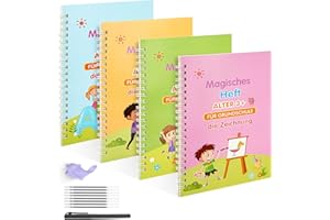 funvce Klein Deutsch Magisches Heft, 4 Stück Magisches übungsheft 18.5x13cm, Wiederverwendbares Magische Schreiblernheft kaligrafieset mit Stift für kinder, Schreiben Lernen Vorschule