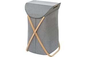 ‎WENKO WENKO Kosz na pranie mod. Bahari, wysokiej jakości kosz na pranie, stelaż z bambusa połączony z szarym workiem na pranie, składany, zajmuje mało miejsca, pojemność: 79 litrów, 40 x 68 x 46 cm