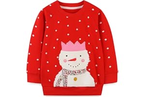 MUJOQE Girls Christmas Sweatshirt Reindeer Snowmen Jumper Baby Cotton Pullover Kids Long Sleeve Shirts Xmas Outfit Winter Clothes Age 1-7 Years