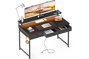 ODK Scrivania con 3 Cassetti, Scrivania da Gaming con Luci LED, Tavolo da Gioco con Prese di Corrente e 2 Prese di Ricarica USB, Tavolo per Computer con Supporto per Casa (Nero, 120x50x92.7cm)
