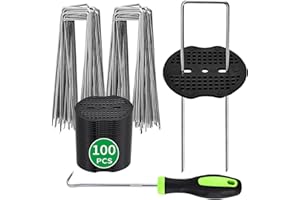CDBUCC 100 Weed Control Membrane Pegs,100 Buffer Washer,Metal fixing pins,Bendable garden pegs,6"/150mm U-Shaped Garden Stakes Staples, for Weed Barrier Sod Fabric Decorations