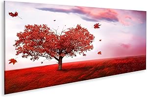 islandburner Cuadro Moderno en Lienzo Paisaje otoñal Árbol rojo en forma de corazón sobre hierba roja Cuadros Decoracion Cocina Salon