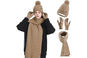 HOSPAOP Set Invernale Donna 3 in 1 – Berretto con Pompon, Sciarpa Lunga e Guanti Touchscreen, Cappello Invernale Donna a Maglia con Fodera in Pile, Accessori Caldi per Esterno e Quotidiano