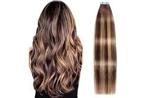 ‎SUYYA SUYYA Tape Extensions Echthaar,Invisible Tape in Extensions Echthaar Seidig Gerade Remy Echte Menschliches Haar 16 Zoll 40cm 20 Stück 40G #4/27/4 Schokolade Braun Mxied Karamell Blond