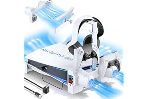 Tokluck PS5 Horizontaler Ständer mit 3-stufigen Lüftern für Playstation 5 Konsole, PS5 Zubehör Lüfter mit PS5 Controller Ladestation, PS5 Kühler mit Headset-Halterung und Schraube, USB-C-Kabel