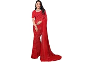 SAREE for WOMEN ETHNICMODE Indian Soft Satin Light Weight Party Wear Red Sari With Unstitched Red Blouse Piece-1110