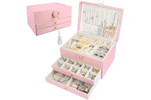 QOUBNIC Schmuckaufbewahrung, Schmuckkasten Jewelry Organizer Große Schmuckschatulle mit 3 Ebenen, Jewelry Box für Ringe, Uhren, Ohrringe, Halskette