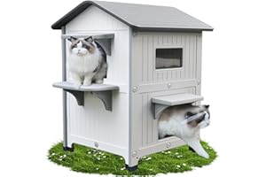 HICAPTAIN Casa para gatos de 2 pisos para exteriores con balcón, 2 pisos, plástico resistente a la intemperie, refugio con puerta de escape, color blanco