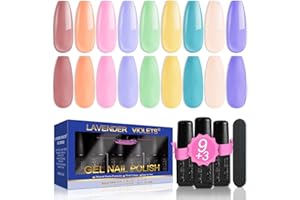 Lavender Violets 12 Pcs Gel Vernis à Ongles Set Charmant 9 Couleurs Nail Art Design UV LED Soak Off avec Base Coat, Matt et No Wipe Top Coat Lime à Ongles Starter Manucure Kit C664