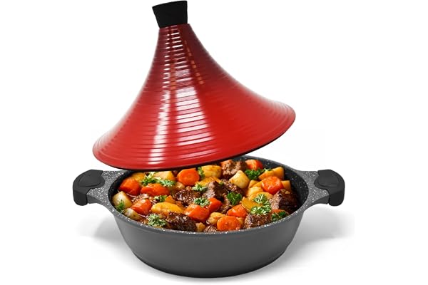Joeji's Kitchen Tagine-gryta i aluminium med limmad stålbotten och självgängande koniskt lock, non-stick 28 cm Tagine-gryta för smakfullt och mört långsamt tillagat lamm, fläsk, fågel, fisk, med mera