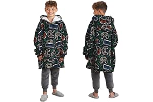 Dreamscene Gaming Oversized Hoodie Blanket, Gifts for Boys Sweatshirt Soft Sherpa Fleece Throw Cosy Wearable Hooded Blanket Big Jumper - Black, One Size Fits All - Kids