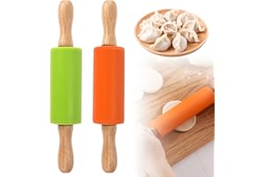 MEIN HERZ 2 Pcs Rodillo De Amasar, Mini Rodillo de Silicona, Mango de Madera, No Pegajoso, Protección Ambiental no Tóxica - Verde/Naranja, Adecuado para Niños y Adultos - 22×4.2cm