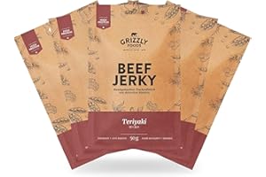‎GRIZZLY FOODS Grizzly Foods • Beef Jerky Teriyaki (5 x 50g) • Trockenfleisch von deutschen Rindern • High Protein Snack • Ideal für Unterwegs, Büro, Sport