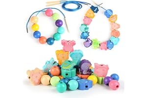 TRUEIN 32 Perline da Infilare Bambini 2-5 Anni, Animali in Legno Montessori, Giocattoli Educativi, Regalo di Compleanno per Ragazzi e Ragazze