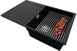 PRIMAGRAN Lavello da Cucina Nero 78x50cm, Lavandino da Cucina a 1 vasca + Sifone Classico + Scolapasta avvolgibile, Lavabo da Cucina Incasso al mobile 50cm - San Francisco