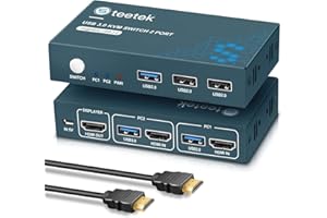 USB3.0 KVM Switch HDMI 2 Port, Steetek 4K@60Hz 2 PC 1 Monitor Switch, HDCP2.2 HDMI2.0 mit Button Switch, Ultra HD 2 In 1 Out KVM Switch mit 2 HDMI-Kabel und 2 USB3.0-Kabel