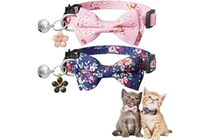 IOSPKKIO® 2 Stück Blumen Katzenhalsbänder für Mädchen mit Fliege und Glocke, niedliche und sichere Kätzchenhalsbänder Katzen(Blau/Rosa)
