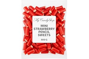 MYCANDYSHOP Mini Strawberry Pencils Sweets Bag 500g – Fruity Red & White Filled Cables Candy – Fun Surprise for Kids & Adults – Soft Strawberry Laces, Pencil Tubes Pick and Mix Sweets for Sharing & Gifting