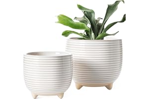 LE TAUCI Ceramic Plant Pots, 12 + 16 cm Footed Pots for Plants, Cute Modern Flower Pots for House and Office, Small Indoor Planters with Drainage, Reactive Glaze White