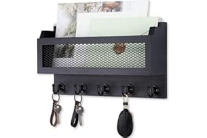 Nekon Mail and Key Holder for Wall Decorative, 11 Inch Wooden Wall Key Organizer with 5 Key Hooks, Wall Mount Storage Shelf for Entryway Hallway (Black)