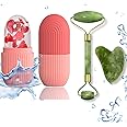 mimo Face Stone Jade Roller Massager With Gua Sha Stone And Ice Roller Set Facial Roller 100% Natural Stone Jade Roller For Skin Eye Neck Body Ice Cube Roller Women Men Beauty Silicone Reusable