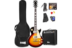 Max GigKit de Guitarra Eléctrica diseño LP para principiantes o profesionales. Guitarra Estilo LP con pastillas Humbucker, afinador digital, funda guitarra, cinta, cuerdas de repuesto, púas. Sunburst