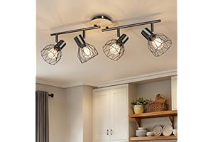 Ketom Plafonnier 4 Spot Noir, Luminaire Cuisine Plafond Bois, Plafonnier Orientable E14, Applique Murale 4 Spot avec Grille Métallique, pour Interieur, Cuisine, Chambre, Salon, Sans Ampoules