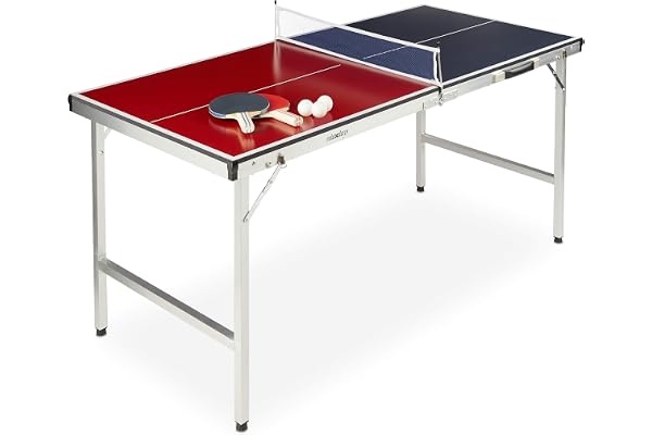 Relaxdays Table de ping-Pong Pliante, Portable, Filet, 2 Raquettes, 3 balles, Alu, MDF, 67,5 x 151 x 67,5 cm, Rouge/Bleu, 1