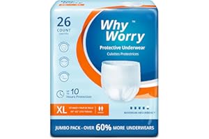 WhyWorry Culottes Incontinence pour Homme et Femme, Couche Culotte Adultes pour Fuites Urinaires, Slips Absorbants Jetables, Contrôle des Odeurs, Anti-fuites, Unisexe, Taille XL, 26 Unités
