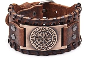 Thajaling Braccialetto vichingo marrone – Bracciale rigido regolabile con bussola Vegvisir amuleto norreno, gioiello celtico pagano di talismano, 18 to 22.5cm, Pelle