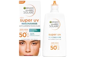Garnier Płyn przeciwsłoneczny UV do skóry skłonnej do zanieczyszczeń, bardzo wysoka ochrona przed słońcem, LSF 50+, niewidoczne wykończenie, Ambre Solaire Super UV Niacinamide Daily Fluid, 1 x 40 ml