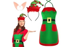3 Sets Weihnachtself Schürze Kostüm, Weihnachtsschürze, Schürze Weihnachten, Weihnachten Kochschürze mit Elfenmütze Haarband und Elfenohren, Weihnachten Kostüm Damen und Herren, Karneval, Mottoparty