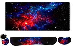 ToLuLu Extended Gaming Mouse Pad, Memory Foam Ergonomic Keyboard Mouse Wrist Rest Support Set, Large Desk Mat with Stitched Edges, Non-Slip Base Mousepad for Home Office and Game, Blue Red Galaxy