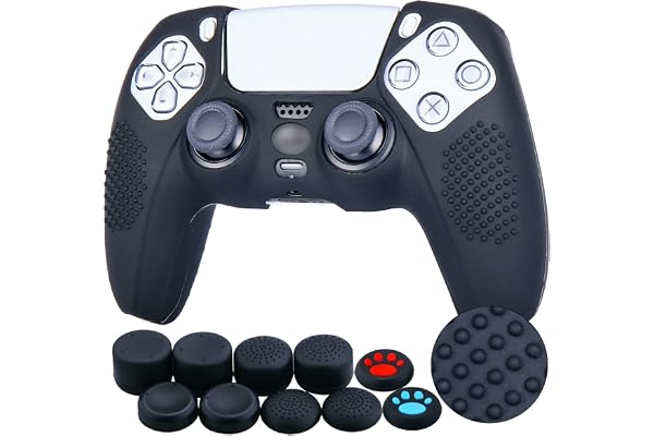YoRHa Points Housse Coques Autocollants en Silicone Skin Cover pour PS5 Dualsense Manette (Noir) x 1 avec Prises de Pouce x 10