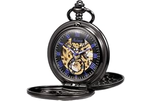 TREEWETO Unisex Taschenuhr mit Kette Analog Handaufzug Doppelscharnier Adler Skelett Römische Ziffern Schwarz/Silber/Bronze