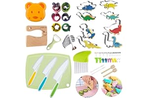 LETTO & TAILOR Couteaux en bois pour enfants pour la cuisine, couteaux sécurisés pour enfants, outils de cuisine Montessori pour enfants coupe (ensemble de 47 pièces comprenant des emporte-pièces de dinosaure)