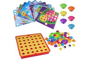 quiodok Button Art Toys for Toddlers, Color Matching Mosaic Pegboard with 12 Pictures 50 Buttons and Red Storage Box, Button Art Toddler Toys Age 3+ Year Old